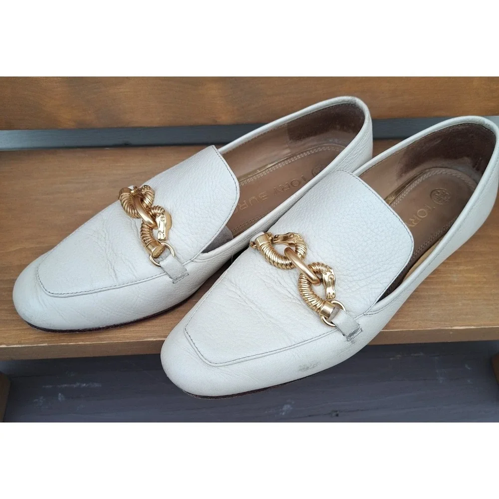 Tory Burch Women's Leather Cream Jessa Loafers Gold-Tone Horse Hardware Size 9 M
